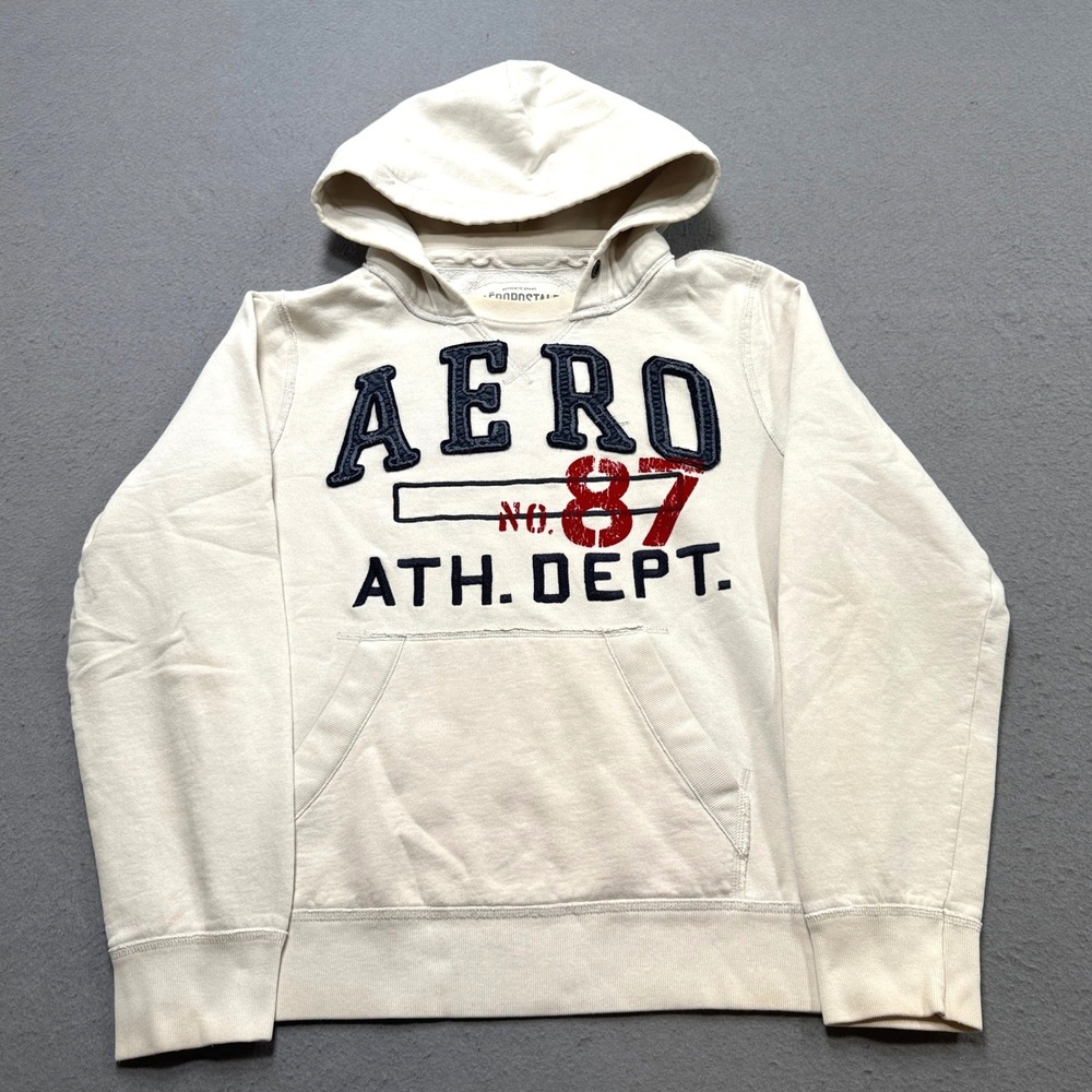 Aeropostale Hoodie Mens Large White Aero 87 Graphic Athletic Pullover Y2K